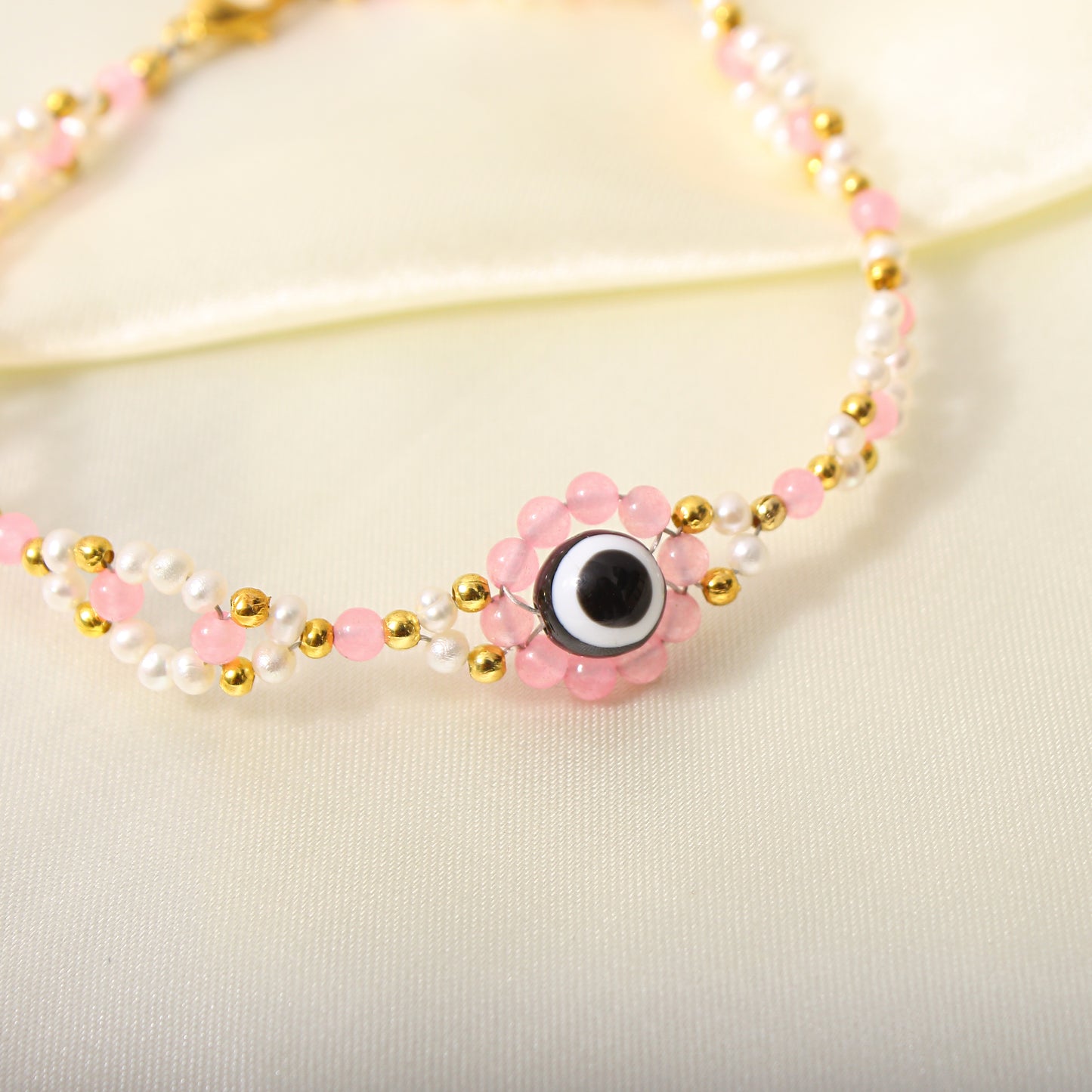 Pearl Rose Quartz Evil Eye Bracelet - Love, Healing & Protection