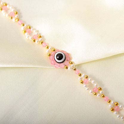 Pearl Rose Quartz Evil Eye Bracelet - Love, Healing & Protection