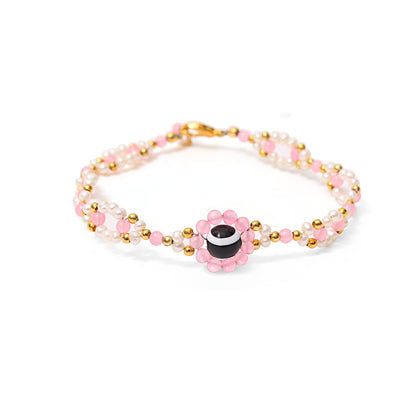 Pearl Rose Quartz Evil Eye Bracelet - Love, Healing & Protection