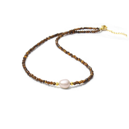 Natural Tiger Eye & Pearl Beaded Necklace – Protective Energy Jewelry with Elegant Charm