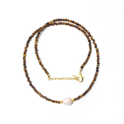 Natural Tiger Eye & Pearl Beaded Necklace – Protective Energy Jewelry with Elegant Charm
