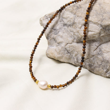 Natural Tiger Eye & Pearl Beaded Necklace – Protective Energy Jewelry with Elegant Charm