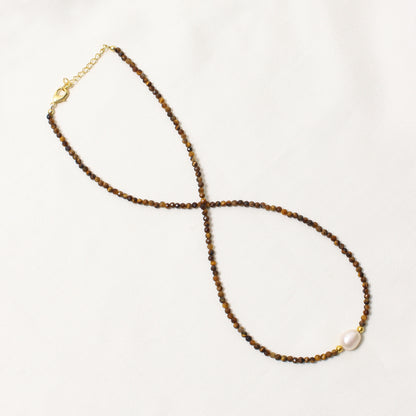Natural Tiger Eye & Pearl Beaded Necklace – Protective Energy Jewelry with Elegant Charm