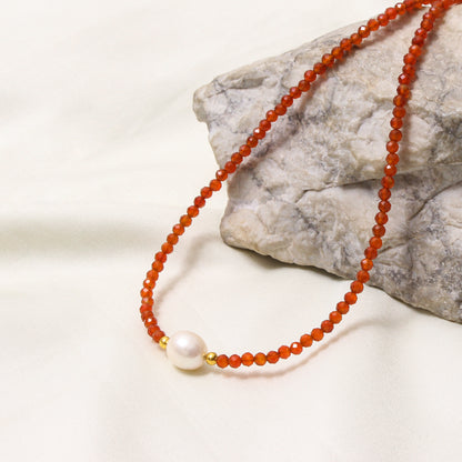 Natural Carnelian Beaded Necklace with Freshwater Pearl – Handmade Healing Gemstone Jewelry for Women