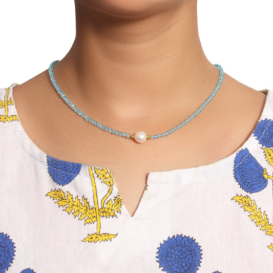 Natural Blue Topaz Beaded Necklace with Freshwater Pearl – Elegant Handmade Gemstone Jewelry for Women