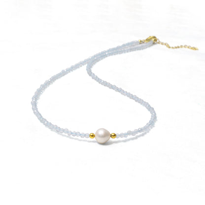 Handmade Natural Aquamarine & Pearl Beaded Necklace – Tranquil Crystal Jewelry for Serenity