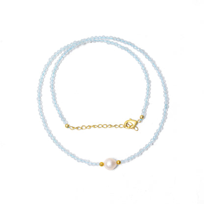 Handmade Natural Aquamarine & Pearl Beaded Necklace – Tranquil Crystal Jewelry for Serenity