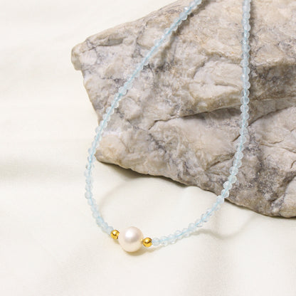 Handmade Natural Aquamarine & Pearl Beaded Necklace – Tranquil Crystal Jewelry for Serenity