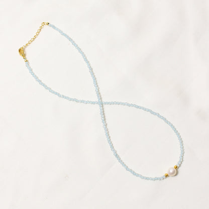 Handmade Natural Aquamarine & Pearl Beaded Necklace – Tranquil Crystal Jewelry for Serenity