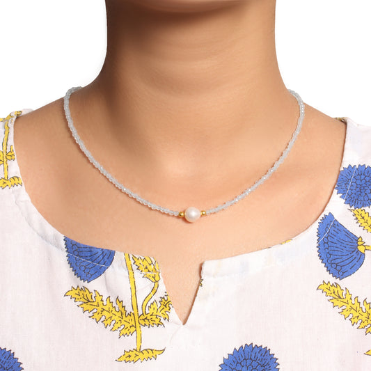 Handmade Natural Aquamarine & Pearl Beaded Necklace – Tranquil Crystal Jewelry for Serenity