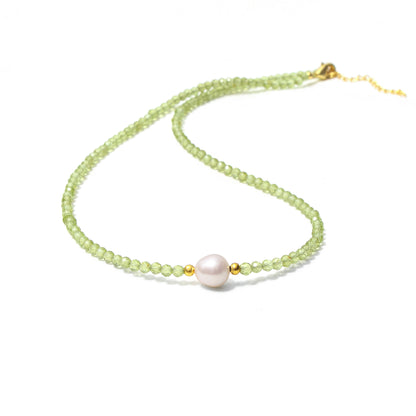 Natural Peridot & Pearl Beaded Necklace – Handmade Gemstone Choker with Gold Plating, August Birthstone Jewelry for Women