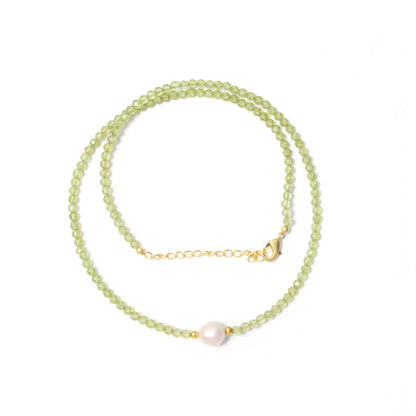 Natural Peridot & Pearl Beaded Necklace – Handmade Gemstone Choker with Gold Plating, August Birthstone Jewelry for Women