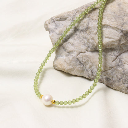 Natural Peridot & Pearl Beaded Necklace – Handmade Gemstone Choker with Gold Plating, August Birthstone Jewelry for Women