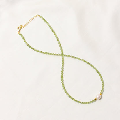 Natural Peridot & Pearl Beaded Necklace – Handmade Gemstone Choker with Gold Plating, August Birthstone Jewelry for Women