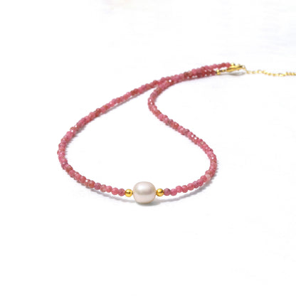 Natural Rhodochrosite & Pearl Beaded Necklace – Handmade Gemstone Choker with Gold Plating, Love & Harmony Jewelry for Women