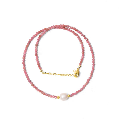 Natural Rhodochrosite & Pearl Beaded Necklace – Handmade Gemstone Choker with Gold Plating, Love & Harmony Jewelry for Women