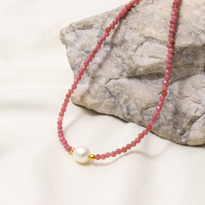 Natural Rhodochrosite & Pearl Beaded Necklace – Handmade Gemstone Choker with Gold Plating, Love & Harmony Jewelry for Women