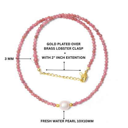 Natural Rhodochrosite & Pearl Beaded Necklace – Handmade Gemstone Choker with Gold Plating, Love & Harmony Jewelry for Women