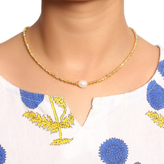 Golden Pyrite & Pearl Beaded Necklace – Handmade Elegant Choker with Natural Gemstones, Dainty Pearl Jewelry for Women