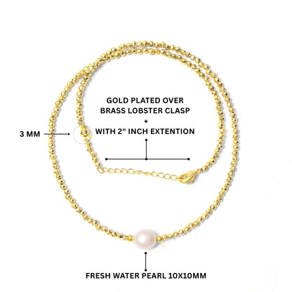 Golden Pyrite & Pearl Beaded Necklace – Handmade Elegant Choker with Natural Gemstones, Dainty Pearl Jewelry for Women
