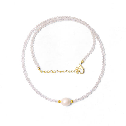Natural Moonstone & Pearl Beaded Necklace – Handmade Minimalist Choker with Gold Accents, June Birthstone Jewelry for Women