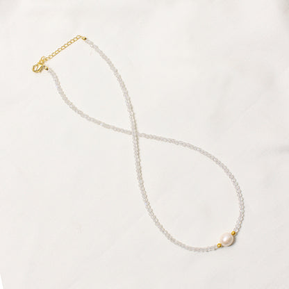 Natural Moonstone & Pearl Beaded Necklace – Handmade Minimalist Choker with Gold Accents, June Birthstone Jewelry for Women