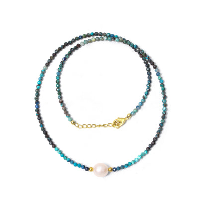 Natural Chrysocolla & Pearl Beaded Necklace – Handmade Minimalist Choker with Gold Accents, Calming Blue Gemstone Jewelry for Women