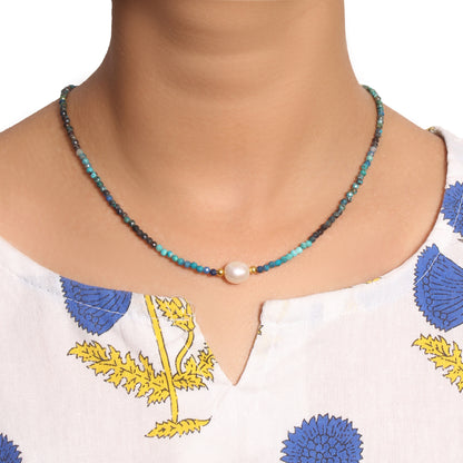 Natural Chrysocolla & Pearl Beaded Necklace – Handmade Minimalist Choker with Gold Accents, Calming Blue Gemstone Jewelry for Women