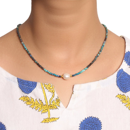 Natural Chrysocolla & Pearl Beaded Necklace – Handmade Minimalist Choker with Gold Accents, Calming Blue Gemstone Jewelry for Women