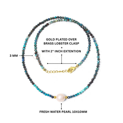 Natural Chrysocolla & Pearl Beaded Necklace – Handmade Minimalist Choker with Gold Accents, Calming Blue Gemstone Jewelry for Women