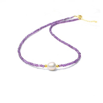 Natural Amethyst & Pearl Beaded Designer Necklace – Healing Crystal Jewelry for Calm & Elegance