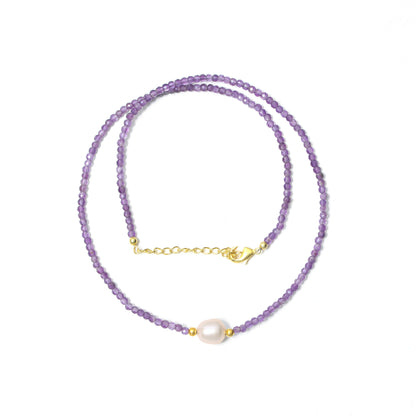 Natural Amethyst & Pearl Beaded Designer Necklace – Healing Crystal Jewelry for Calm & Elegance