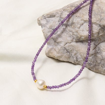 Natural Amethyst & Pearl Beaded Designer Necklace – Healing Crystal Jewelry for Calm & Elegance
