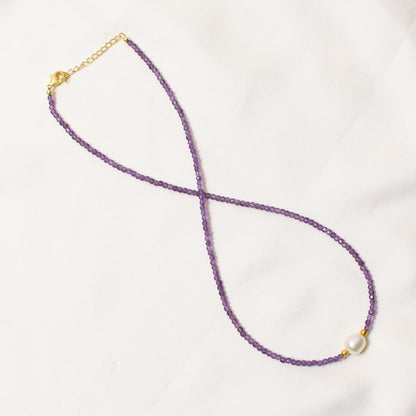Natural Amethyst & Pearl Beaded Designer Necklace – Healing Crystal Jewelry for Calm & Elegance