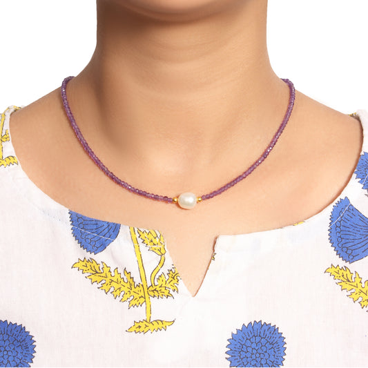 Natural Amethyst & Pearl Beaded Designer Necklace – Healing Crystal Jewelry for Calm & Elegance