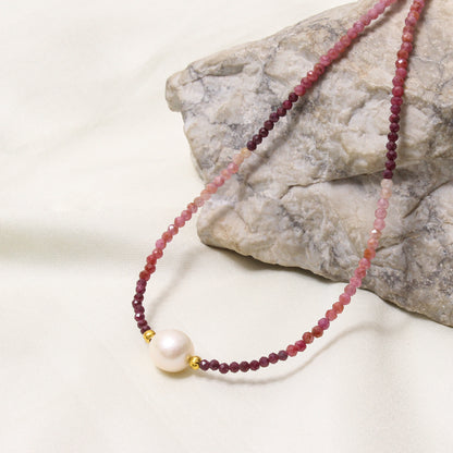 Elegant Shaded Ruby & Pearl Necklace – Natural Gemstone Jewelry for Love & Elegance