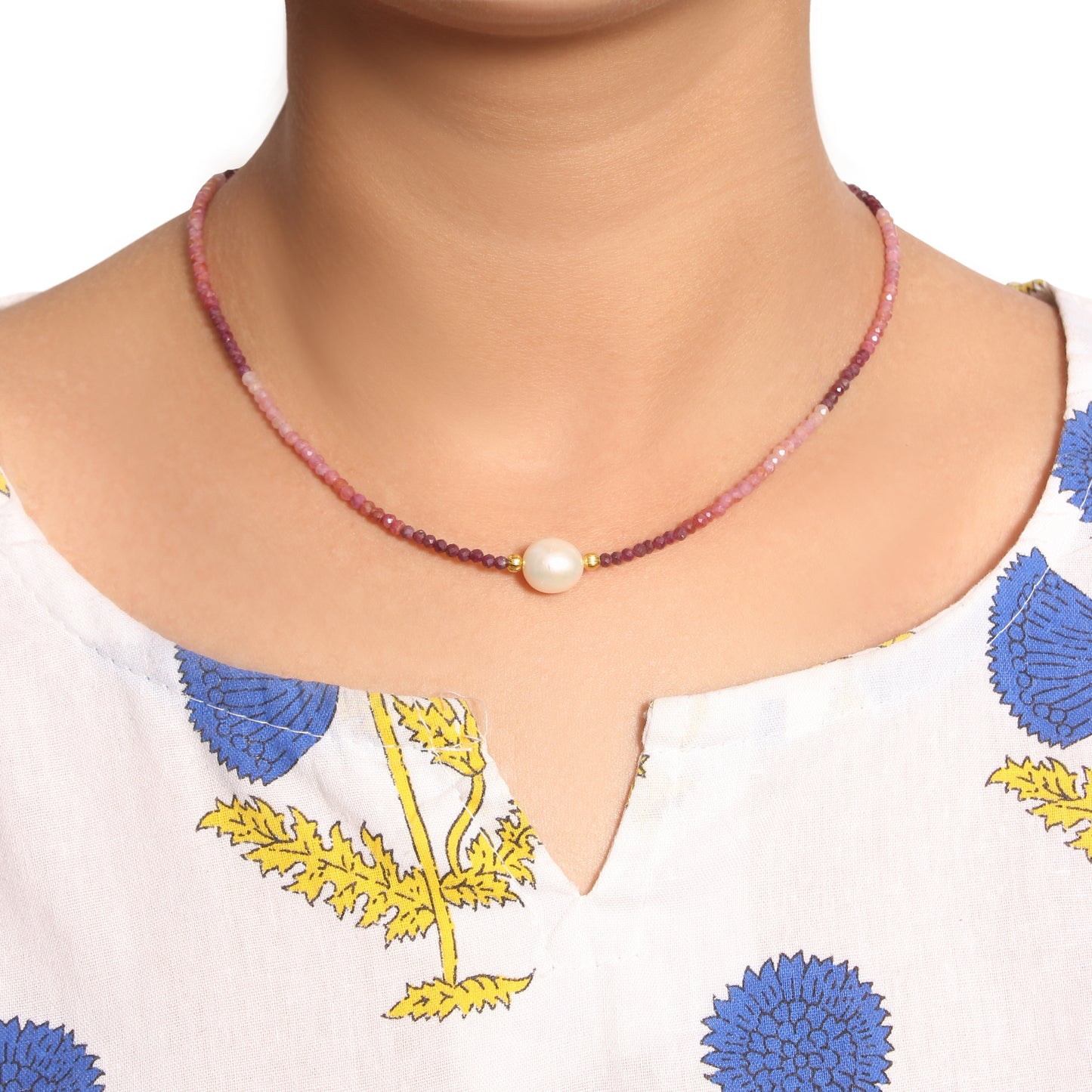 Elegant Shaded Ruby & Pearl Necklace – Natural Gemstone Jewelry for Love & Elegance