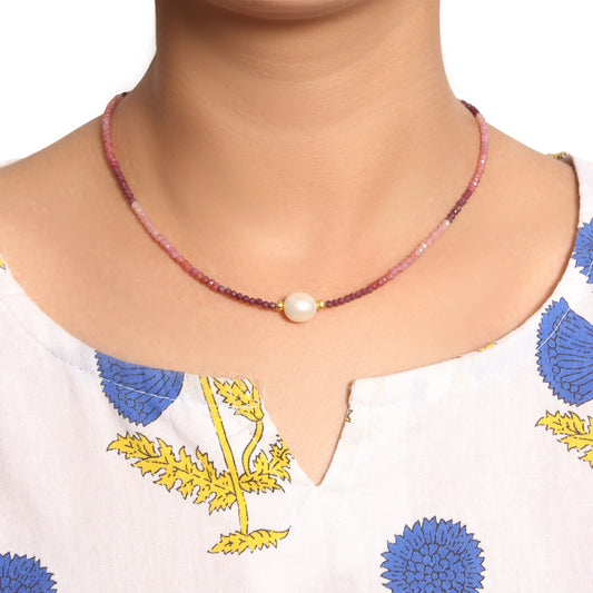 Elegant Shaded Ruby & Pearl Necklace – Natural Gemstone Jewelry for Love & Elegance