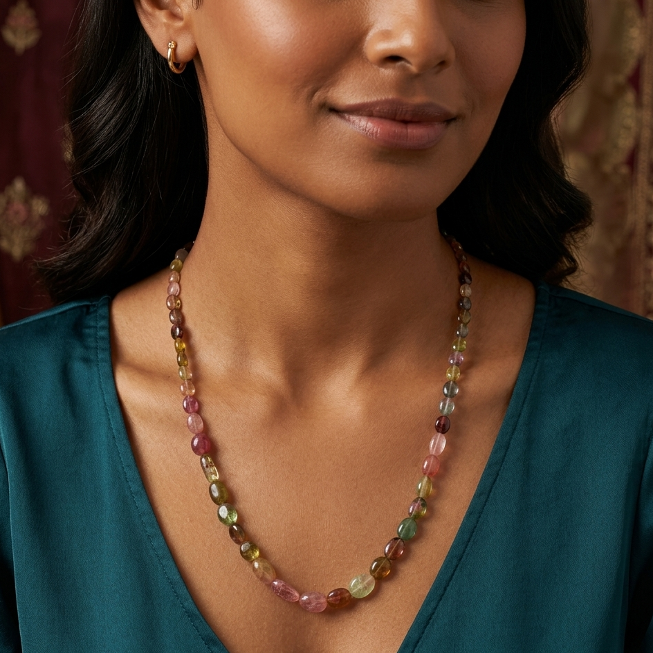 Natural Multi Tourmaline Plain Tumble Sarafa Necklace – Natural Multi-Color Gemstone Statement Jewelry