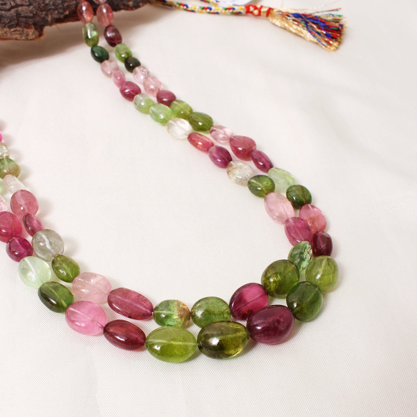 Natural Multi Tourmaline 2-Layer Sarafa Necklace – Plain Tumble (6x8mm–11x15mm) Multi-Color Gemstone Jewelry