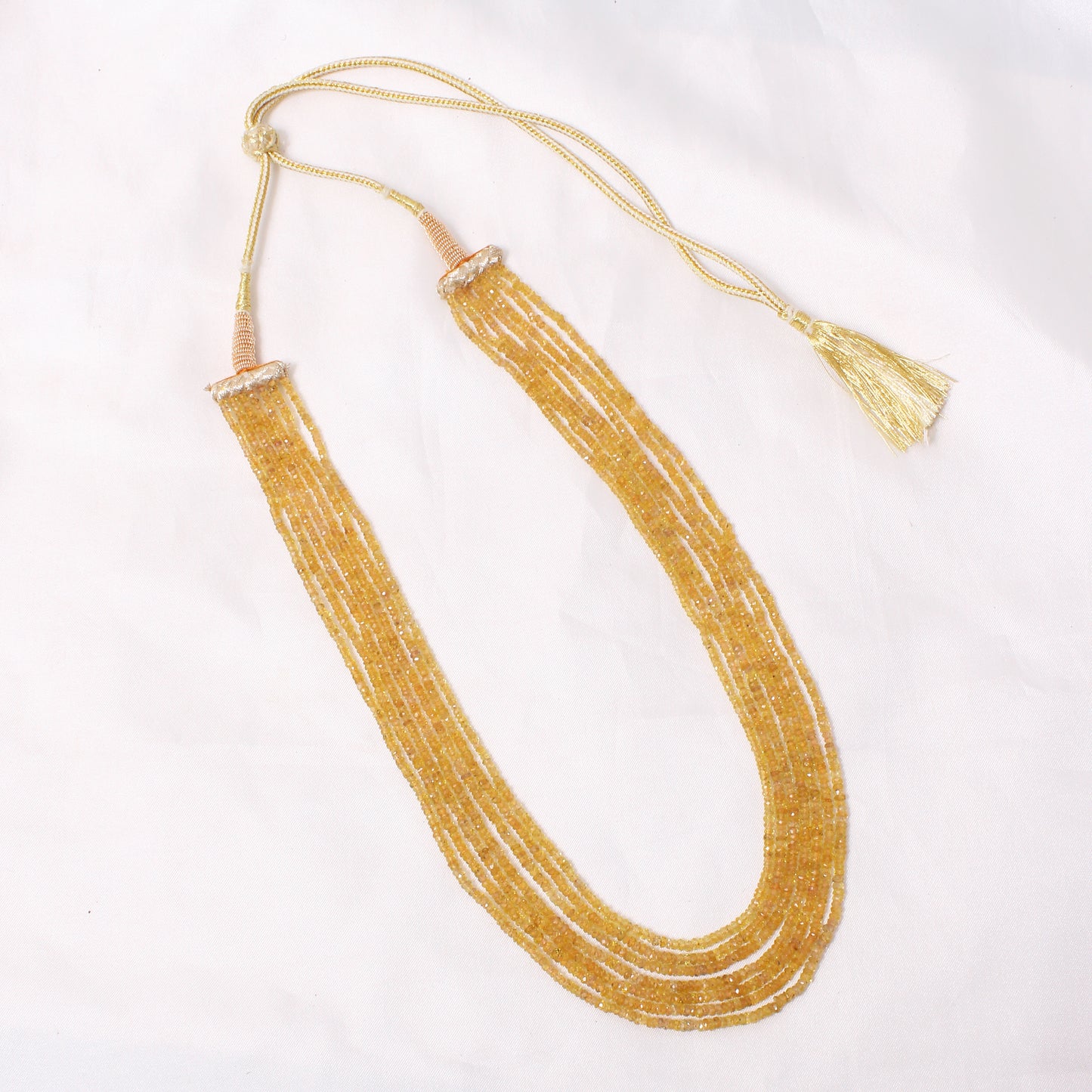 Yellow Sapphire (Pukhraj) Faceted Rondelle Sarafa Necklace 7-Layer | 2.5–3 mm Beads | Luxury Multi-Strand Gemstone Necklace