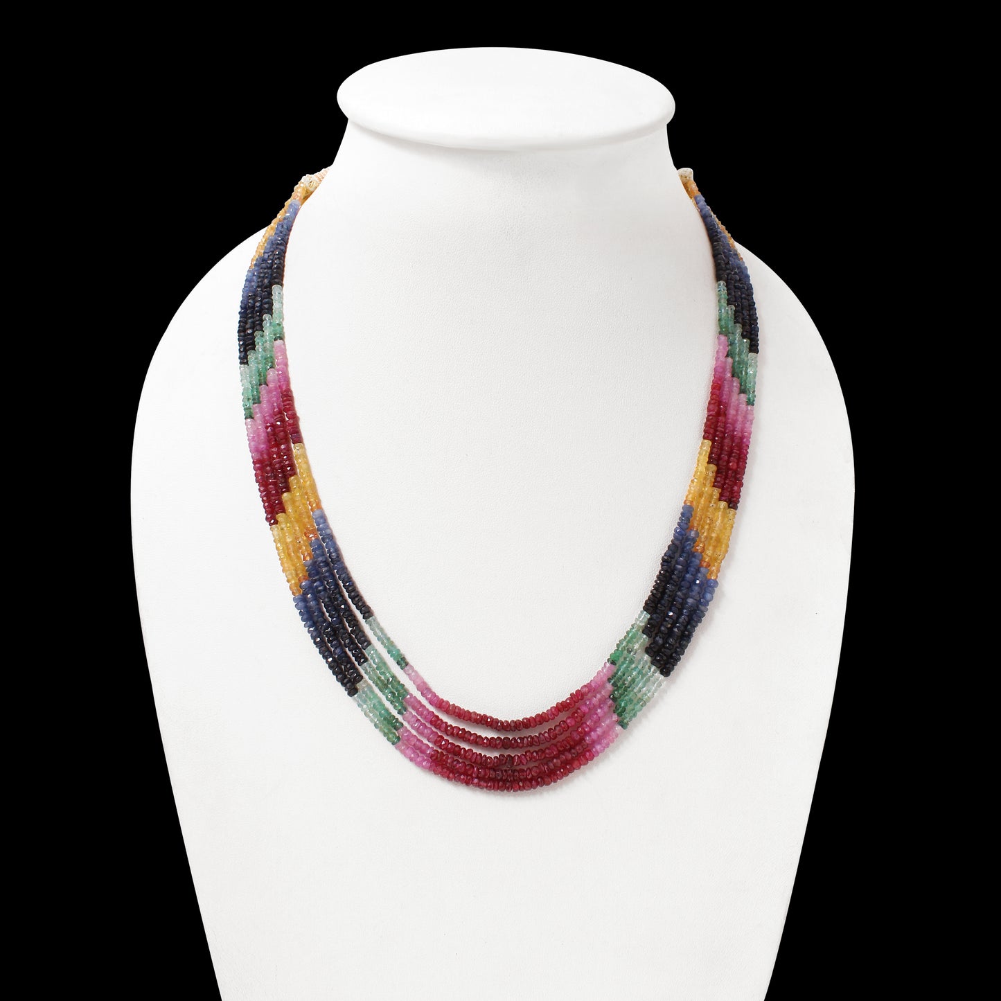 Multi-Precious Gemstone Necklace 5 Layers – Natural Ruby, Emerald, and Sapphire Faceted Rondelle Designer Sarafa Jewelry