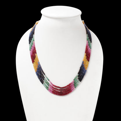 Multi-Precious Gemstone Necklace 5 Layers – Natural Ruby, Emerald, and Sapphire Faceted Rondelle Designer Sarafa Jewelry