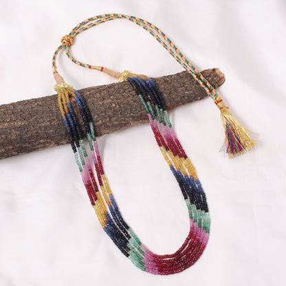 Multi-Precious Gemstone Necklace 5 Layers – Natural Ruby, Emerald, and Sapphire Faceted Rondelle Designer Sarafa Jewelry