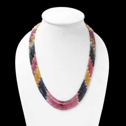 Natural Multi Sapphire 4 Layer Sarafa Necklace – Faceted Rondelle Gemstone Beads 4–4.25 mm Luxury Statement Jewelry