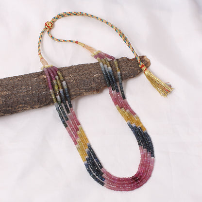 Natural Multi Sapphire 4 Layer Sarafa Necklace – Faceted Rondelle Gemstone Beads 4–4.25 mm Luxury Statement Jewelry