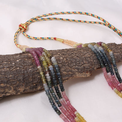 Natural Multi Sapphire 4 Layer Sarafa Necklace – Faceted Rondelle Gemstone Beads 4–4.25 mm Luxury Statement Jewelry