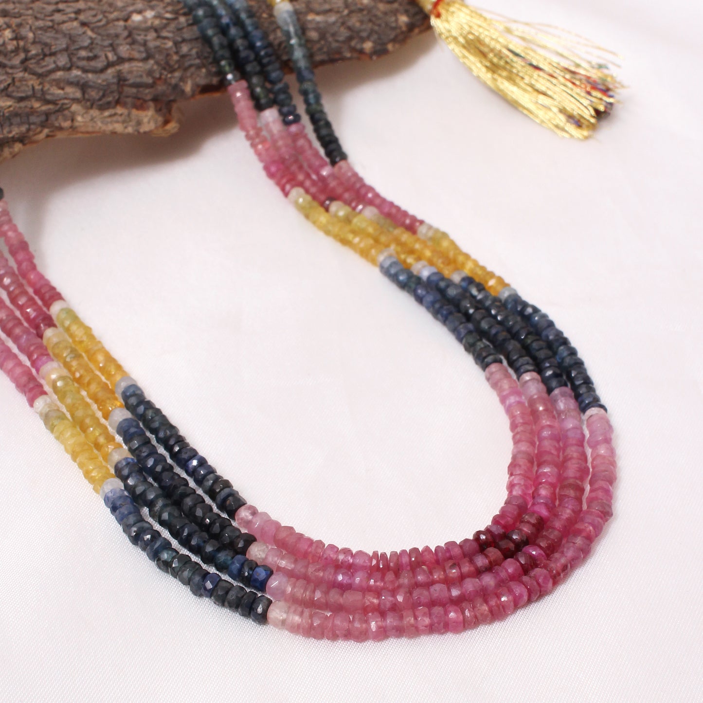 Natural Multi Sapphire 4 Layer Sarafa Necklace – Faceted Rondelle Gemstone Beads 4–4.25 mm Luxury Statement Jewelry