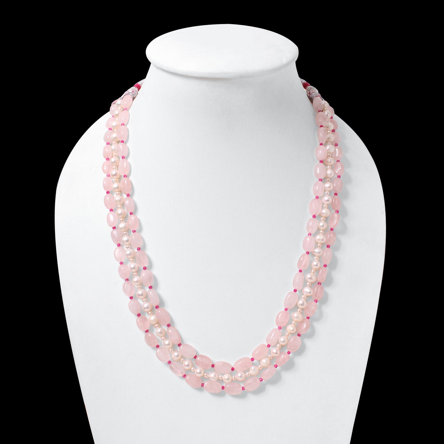 Natural Rose Quartz, Pearl & Pink Quartz 3 Layer Sarafa Necklace – Elegant Multi-Strand Gemstone Jewelry for Women