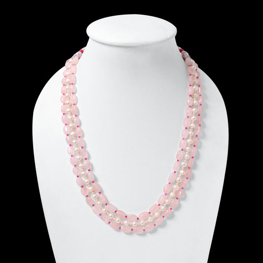 Natural Rose Quartz, Pearl & Pink Quartz 3 Layer Sarafa Necklace – Elegant Multi-Strand Gemstone Jewelry for Women